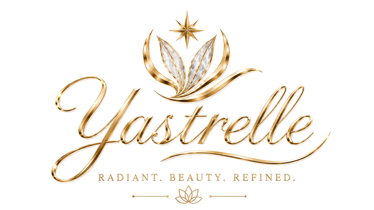 Yastrelle — Radiant. Beauty. Refined. Gold script logo with a leaf and star emblem.